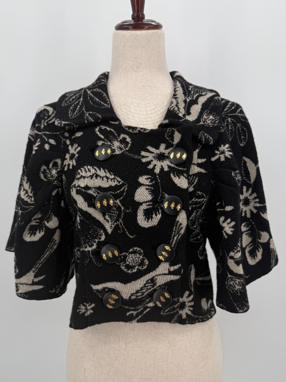 100% Wool Bird Print Cardigan Cropped Sweater Capelet Black Whimsigoth Knit S
